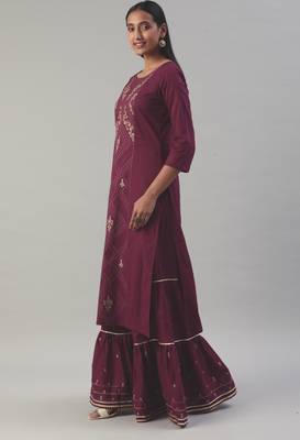 Wine Zari Embroidered Pure Cotton Kurta Sharara With Dupatta 3