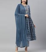 Navy Blue Mirror Work Zari Embroidered Cotton Kurta Pant With Dupatta