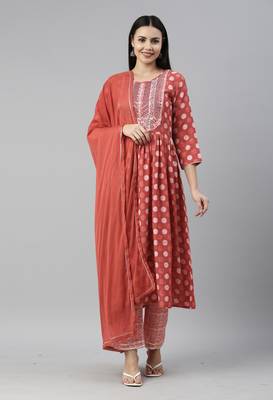 Red Mirror Work Zari Embroidered Cotton Kurta Pant With Dupatta 1