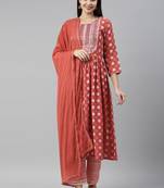 Red Mirror Work Zari Embroidered Cotton Kurta Pant With Dupatta