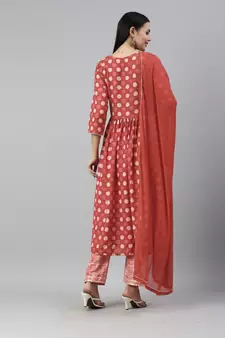 Red Mirror Work Zari Embroidered Cotton Kurta Pant With Dupatta