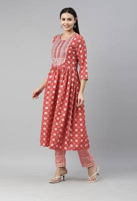 Red Mirror Work Zari Embroidered Cotton Kurta Pant With Dupatta 3