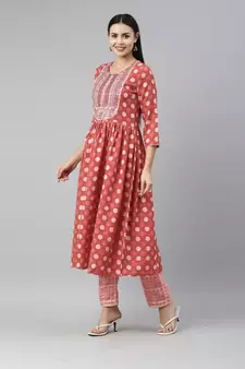 Red Mirror Work Zari Embroidered Cotton Kurta Pant With Dupatta