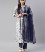 Blue Mirror Work Zari Embroidered Cotton Kurta Pant With Dupatta