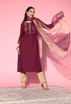 Maroon Gota Patti Embroidered Ruby Cotton Kurta Pant with Dupatta 1