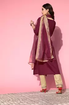 Maroon Gota Patti Embroidered Ruby Cotton Kurta Pant with Dupatta