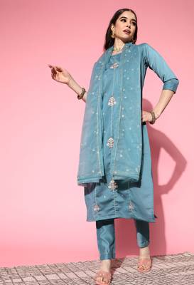 Blue Zari Sequence Embroidered Cotton Blend Straight Kurta Pant with Dupatta 1