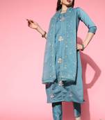 Blue Zari Sequence Embroidered Cotton Blend Straight Kurta Pant with Dupatta