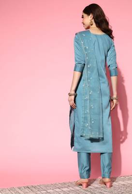 Blue Zari Sequence Embroidered Cotton Blend Straight Kurta Pant with Dupatta 2