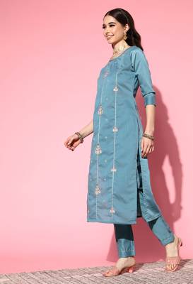 Blue Zari Sequence Embroidered Cotton Blend Straight Kurta Pant with Dupatta 3