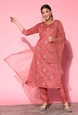 Peach Zari Sequence Embroidered Cotton Blend Straight Kurta Pant with Dupatta 1
