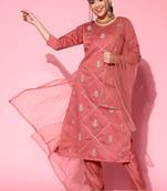 Peach Zari Sequence Embroidered Cotton Blend Straight Kurta Pant with Dupatta