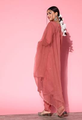 Peach Zari Sequence Embroidered Cotton Blend Straight Kurta Pant with Dupatta 2