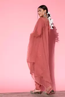 Peach Zari Sequence Embroidered Cotton Blend Straight Kurta Pant with Dupatta