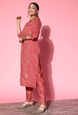 Peach Zari Sequence Embroidered Cotton Blend Straight Kurta Pant with Dupatta 3