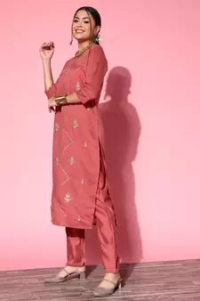 Peach Zari Sequence Embroidered Cotton Blend Straight Kurta Pant with Dupatta