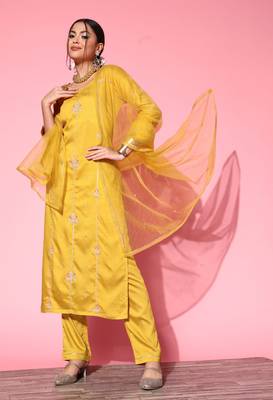 Yellow Zari Sequence Embroidered Cotton Blend Straight Kurta Pant with Dupatta 1