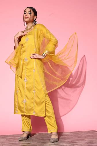 Yellow Zari Sequence Embroidered Cotton Blend Straight Kurta Pant with Dupatta