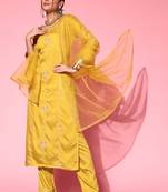Yellow Zari Sequence Embroidered Cotton Blend Straight Kurta Pant with Dupatta