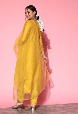 Yellow Zari Sequence Embroidered Cotton Blend Straight Kurta Pant with Dupatta 2