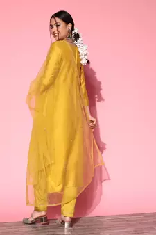 Yellow Zari Sequence Embroidered Cotton Blend Straight Kurta Pant with Dupatta