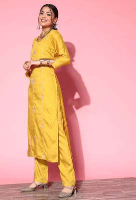 Yellow Zari Sequence Embroidered Cotton Blend Straight Kurta Pant with Dupatta 3