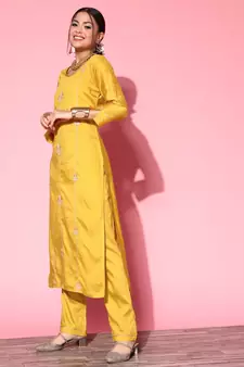 Yellow Zari Sequence Embroidered Cotton Blend Straight Kurta Pant with Dupatta