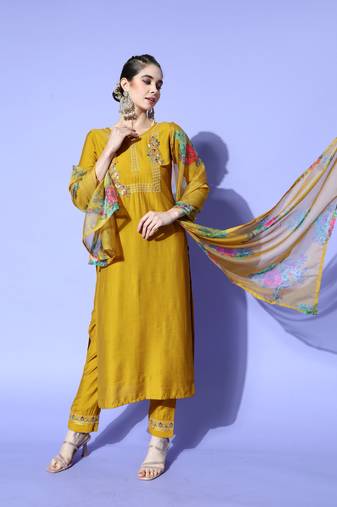 Mustard Sequence Zari Embroidered Nylon Viscose Kurta Pant with Dupatta