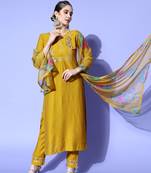 Mustard Sequence Zari Embroidered Nylon Viscose Kurta Pant with Dupatta
