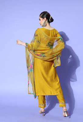 Mustard Sequence Zari Embroidered Nylon Viscose Kurta Pant with Dupatta 2