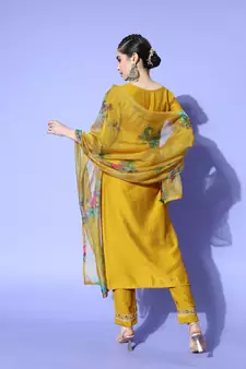 Mustard Sequence Zari Embroidered Nylon Viscose Kurta Pant with Dupatta