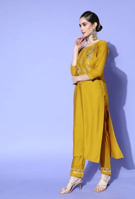 Mustard Sequence Zari Embroidered Nylon Viscose Kurta Pant with Dupatta 3