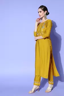 Mustard Sequence Zari Embroidered Nylon Viscose Kurta Pant with Dupatta