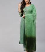 Green Floral Zari Embroidered Cotton Blend Kurta Pant with Dupatta