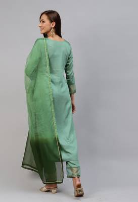 Green Floral Zari Embroidered Cotton Blend Kurta Pant with Dupatta 2
