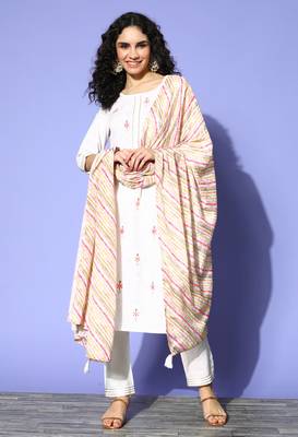 Off White Sequence Zari Gota Patti Embroidered Ruby Cotton Kurta Pant with Dupatta 1
