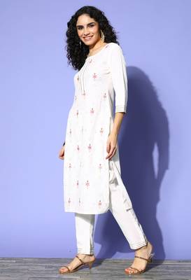 Off White Sequence Zari Gota Patti Embroidered Ruby Cotton Kurta Pant with Dupatta 3