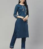 Teal Zari Embroidered Viscose Weaving Cotton Kurta Pant with Dupatta