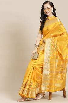 Yellow embroidered cotton silk saree with blouse