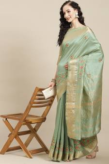 Green embroidered cotton silk saree with blouse