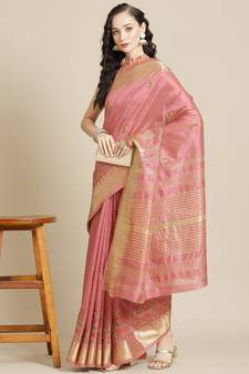 Pink embroidered cotton silk saree with blouse