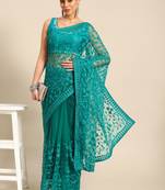 Sea green plain net saree with blouse