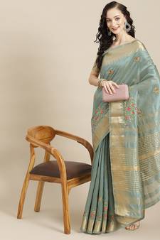 Turquoise embroidered cotton silk saree with blouse