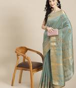 Turquoise embroidered cotton silk saree with blouse