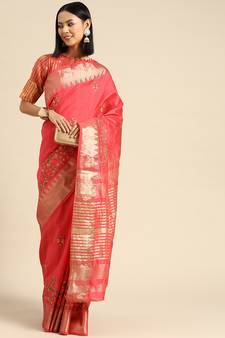 Pink embroidered cotton silk saree with blouse