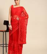 Red plain net saree with blouse