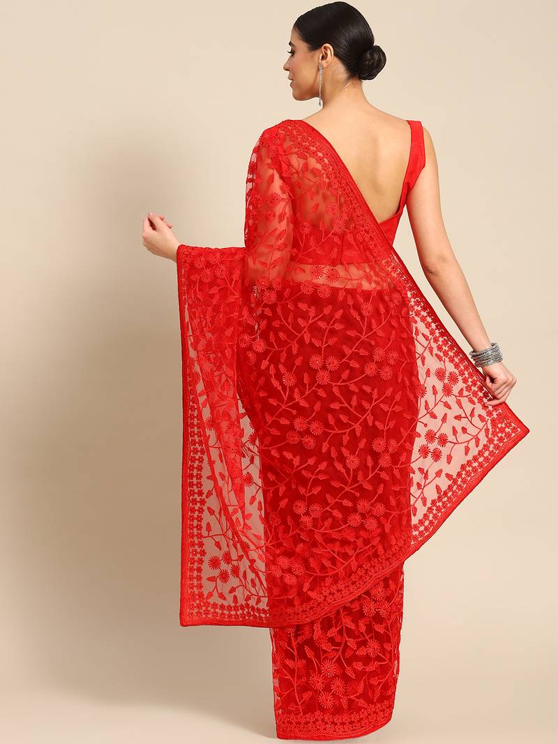 Red plain net saree with blouse