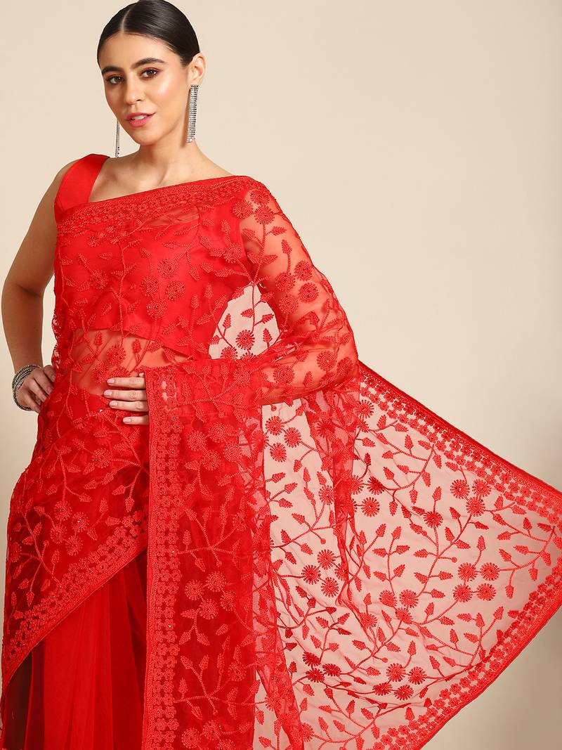 Red plain net saree with blouse