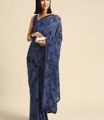 Dark blue plain chiffon saree with blouse