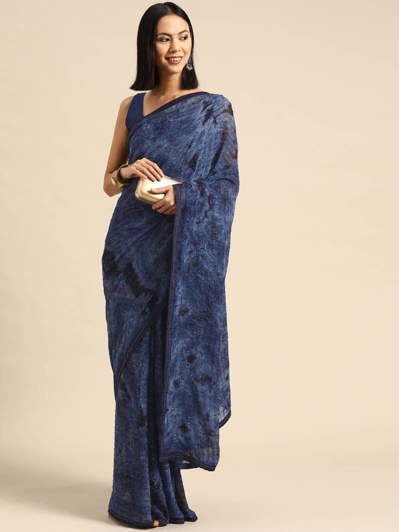 Dark blue plain chiffon saree with blouse